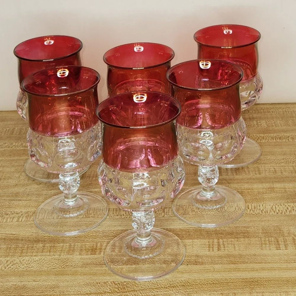 6 Indiana Tiffin King’s Crown Thumbprint Glass Ruby Globet Vintage